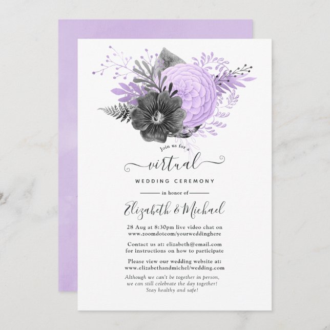Lilac and Charcoal Floral Online Virtual Wedding Einladung (Vorne/Hinten)