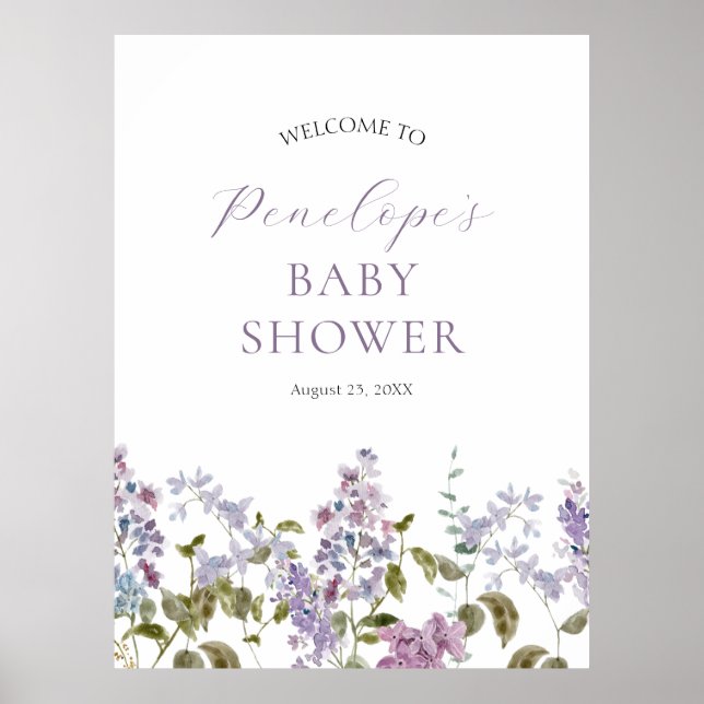 Lilac and Lavender Blume Baby Dusche Willkommen Poster (Vorne)
