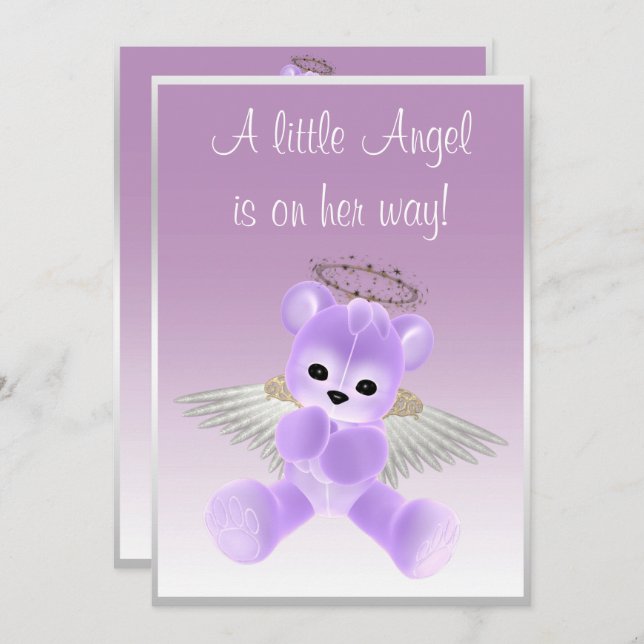 Lilac Angel Teddy Bear Baby Shower Einladung (Vorne/Hinten)
