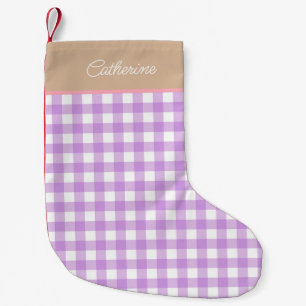 Lilac Beige Personalisiert Name Gingham Kleiner Weihnachtsstrumpf