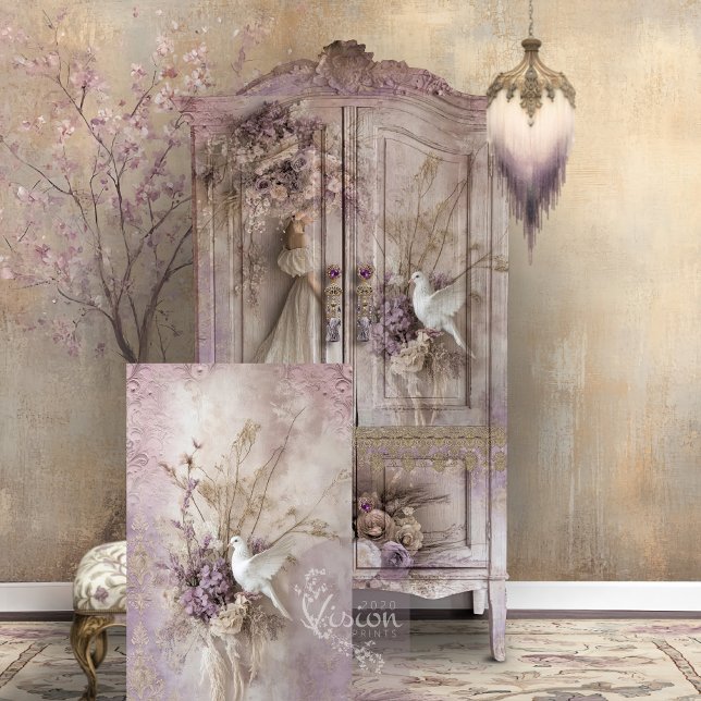 Lilac Blooms Dove & Romantic Rustic Floral Seidenpapier (Lilac Blooms, Rustic Romance, Bird & Floral, White Dove, Decoupage Tissue Paper.)