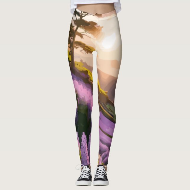 Lilac Blooms: Hillside Art am Sonnenuntergang Leggings (Vorderseite)