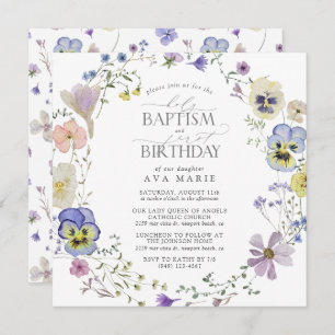 Lilac Blue Floral Watercolor Taufe 1. Geburtstag Einladung