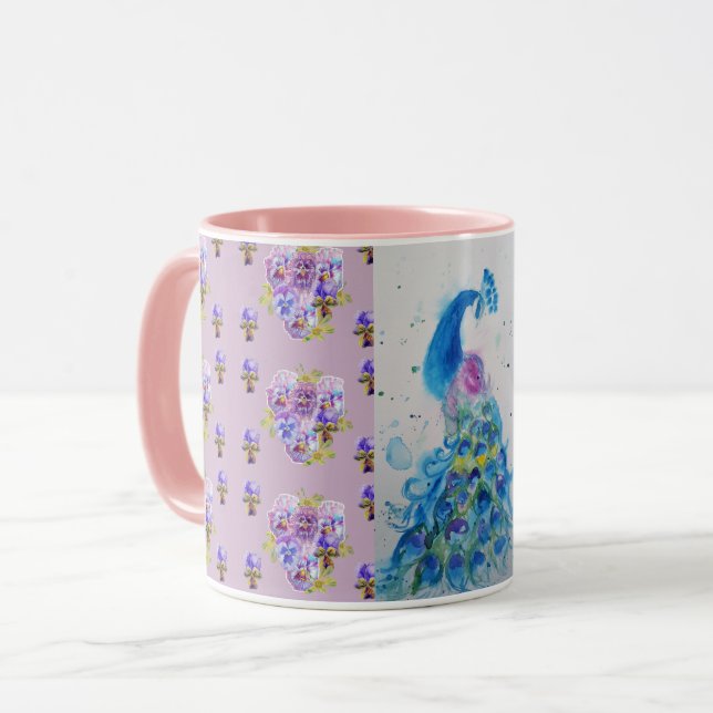 Lilac Blue Peacock Mauve Watercolor Tasse (Vorderseite Links)