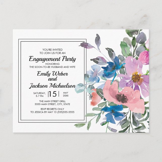 Lilac Blue Pink Watercolor Floral Engagement Party Postkarte (Vorderseite)