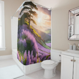 Lilac Blume Bloom on Hill bei Sonnenuntergang Glüh Duschvorhang