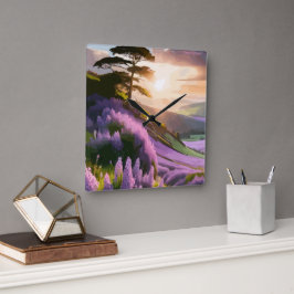 Lilac Blume Bloom on Hill bei Sonnenuntergang Glüh Quadratische Wanduhr