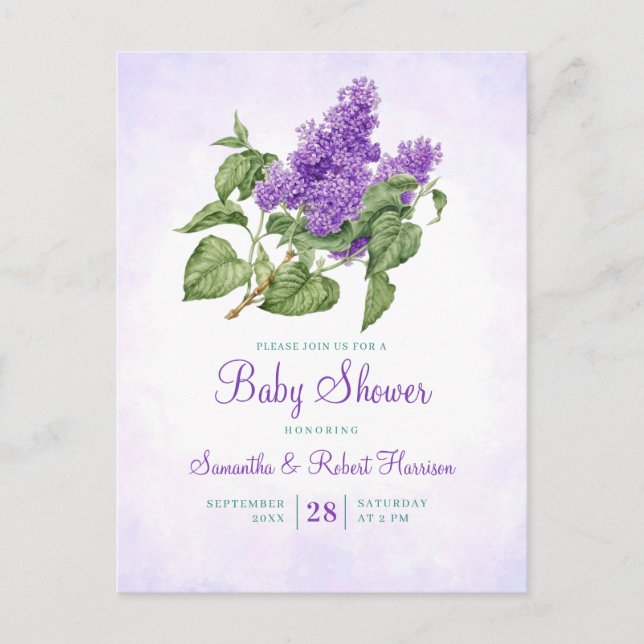Lilac Blume Botanical Lila Green Baby Dusche Einladungspostkarte (Vorderseite)