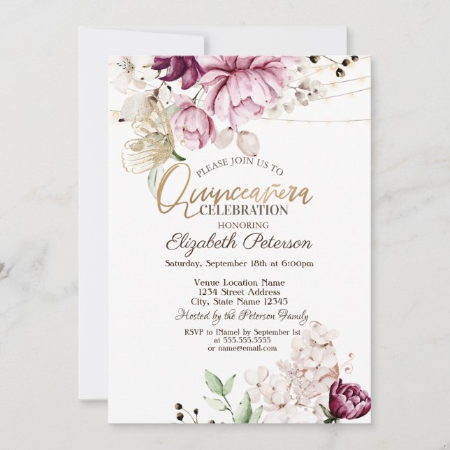 Lilac Blume Glitzer Butterflies Quinceañera Einladung (Vorderseite)