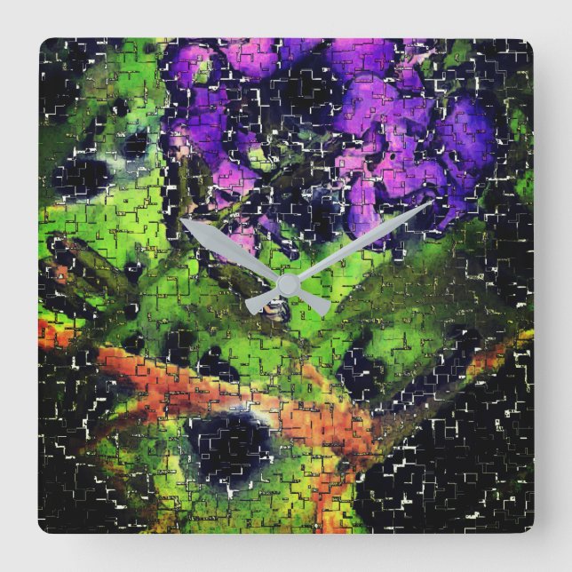 Lilac-Blume und Blätter in geschnitztem Mosaik Quadratische Wanduhr (Vorderseite)