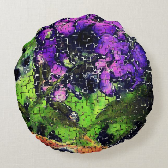 Lilac-Blume und Blätter in geschnitztem Mosaik Rundes Kissen (Rückseite)