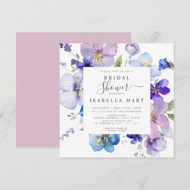 Lilac Blush Mauve Pansy Viola Floral Brautparty Einladung (Vorne/Hinten)