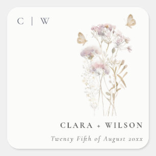 Lilac Boho Wildblume Fern Botanische Hochzeit Quadratischer Aufkleber