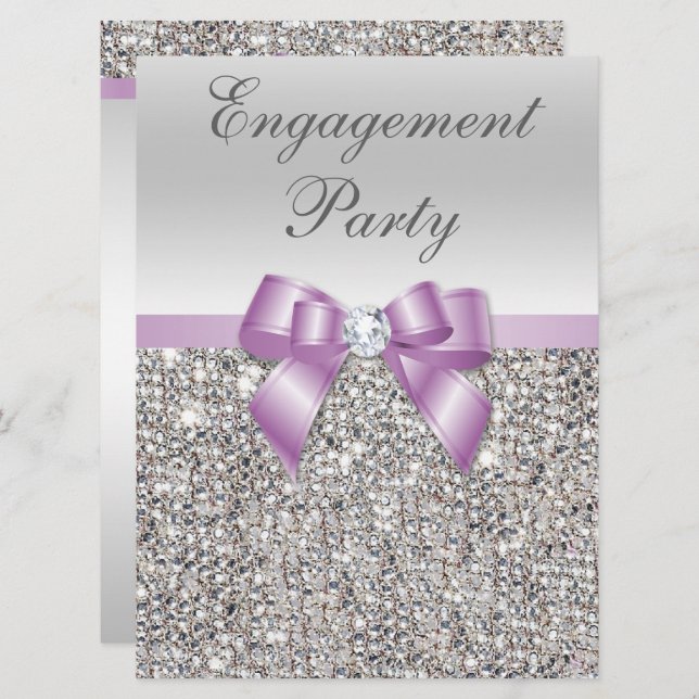 Lilac Bow - Silver Sequins große Engagement Einladung (Vorne/Hinten)