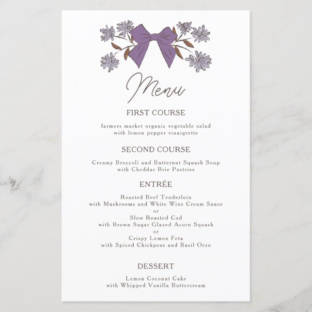 Lilac Bows Blume Wedding Dinner Menu (Vorderseite)