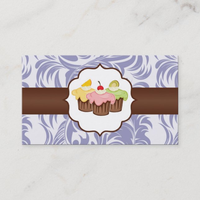 Lilac & Brown Floral Cup Cake Bakery Business Card Visitenkarte (Vorderseite)