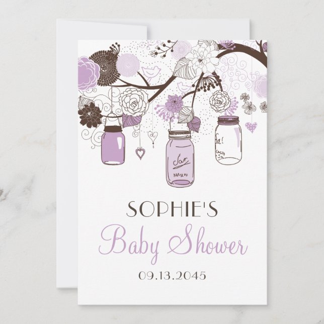 Lilac & Brown Mason Jars Baby Shower Einladungen (Vorderseite)