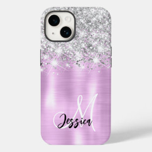 Lilac Brushed Metal Silver Glitzer Monogram Case-Mate iPhone 14 Hülle