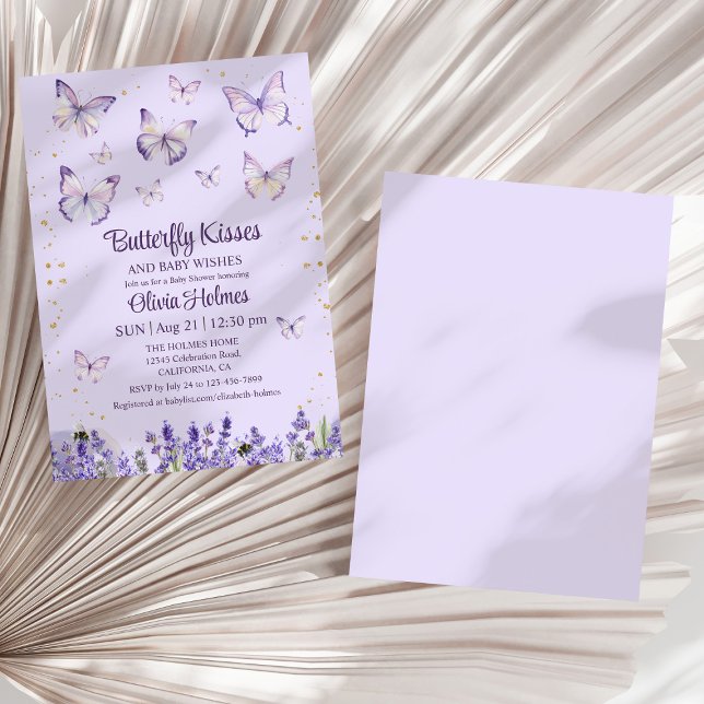 Lilac Butterfly Baby Girl Dusche Einladung (Lilac Butterfly Baby Girl Shower Invitation on a dry white palm leaf.)