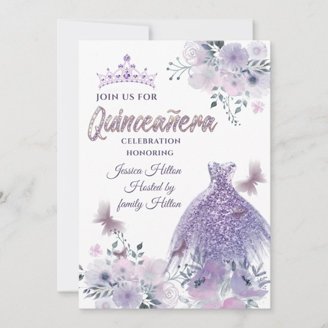 Lilac Butterfly Blumengarten Tiara Quinceañera Einladung (Vorderseite)