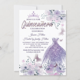 Lilac Butterfly Blumengarten Tiara Quinceañera Einladung