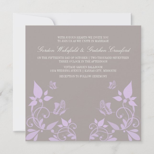 Lilac Butterfly Floral Wedite Einladung (Vorderseite)