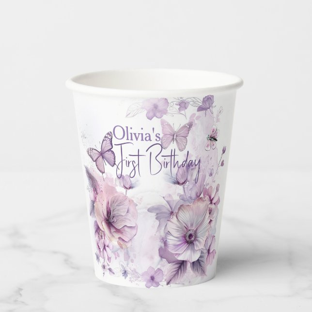 Lilac Butterfly Watercolor Girl's 1st Birthday  Pappbecher (Vorderseite)