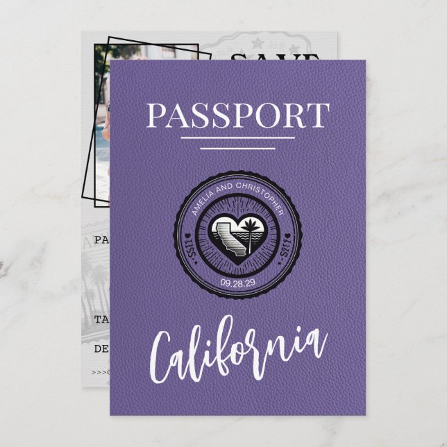 Lilac California Passport Save the Date (Vorne/Hinten)