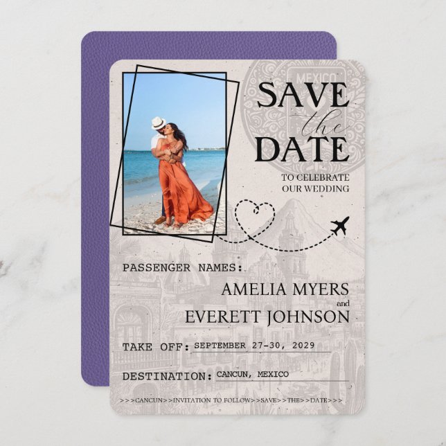 Lilac Cancun Passport Save the Date (Vorne/Hinten)