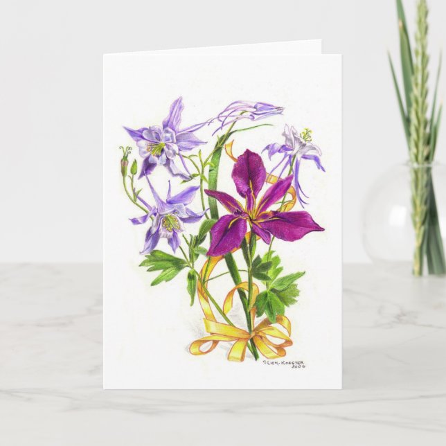 Lilac Columbines und Lila Beunabhängiges Iris Karte (Vorderseite)