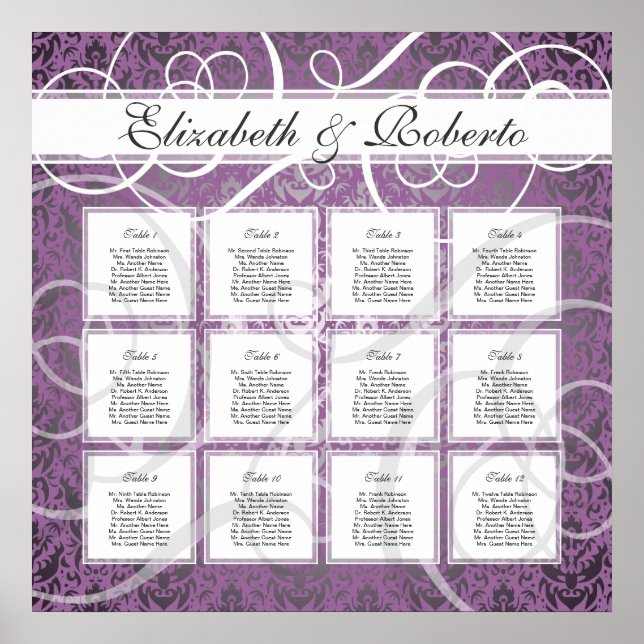 Lilac Damask 12 Tabelle Hochzeitsplan Poster (Vorne)