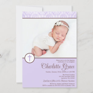 Lilac Damask Cross Girl Foto Taufe Christening Einladung
