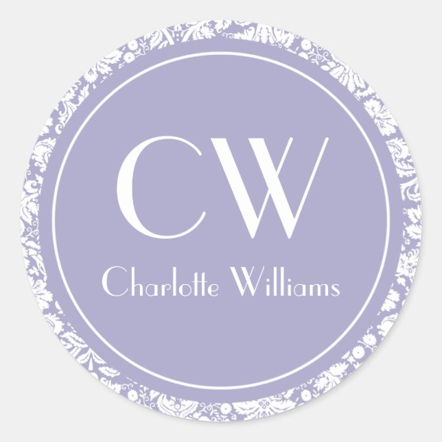 Lilac Damask Monogram Runder Aufkleber (Vorderseite)