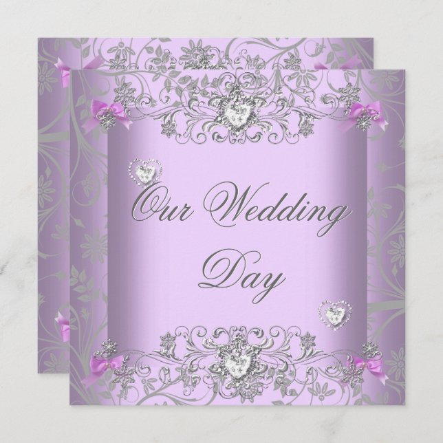 Lilac Damask Wedding Silver Diamond Hearts Einladung (Vorne/Hinten)