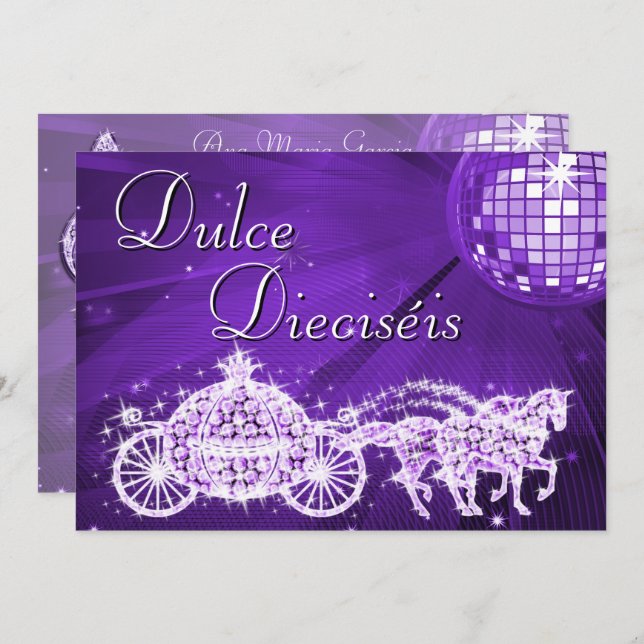 Lilac Disco Ball, Princess Coach & Horses Sweet 16 Einladung (Vorne/Hinten)