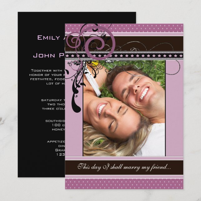Lilac Dots & Wirbel Wedding Foto Einladung (Vorne/Hinten)