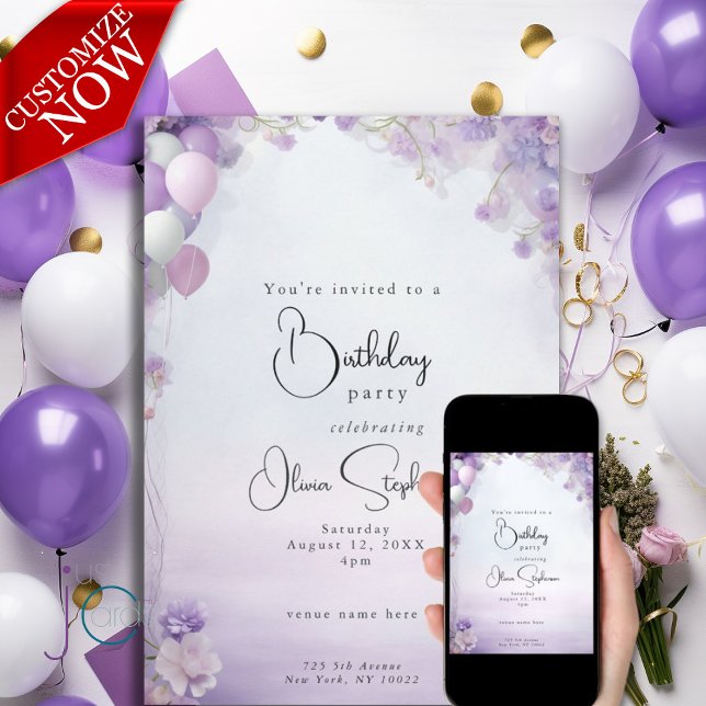 Lilac Dreams Floral Balloons QR Geburtstag Einladung (Text is easy to customize )
