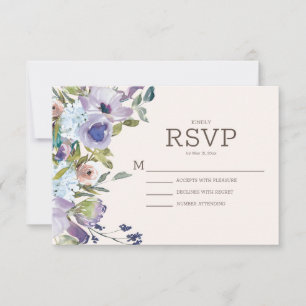 Lilac Dusty Blue Boho Watercolor Floral Wedding RSVP Karte