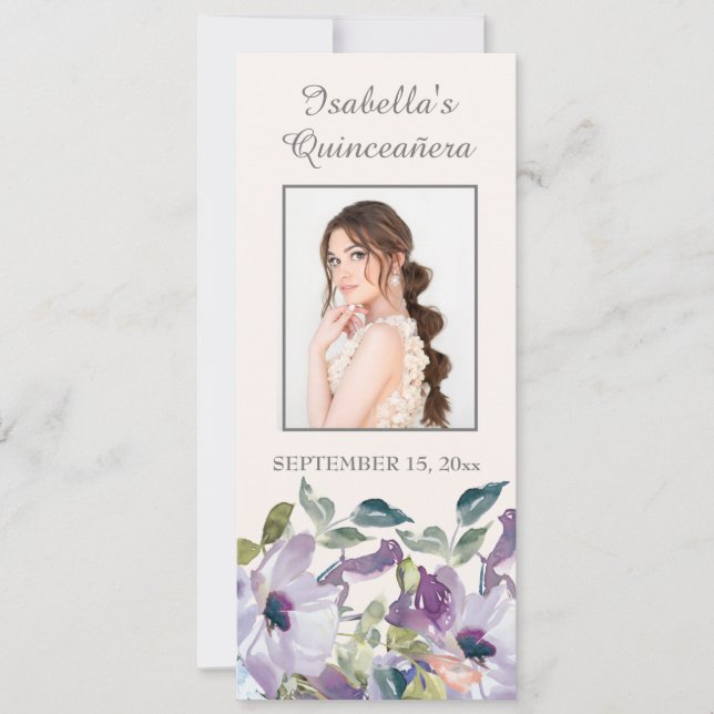 Lilac Dusty Blue Floral Quinceañera Lesezeichen Einladung (Vorderseite)