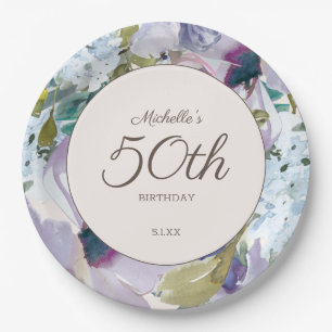Lilac Dusty Blue Watercolor Floral 50. Geburtstag Pappteller