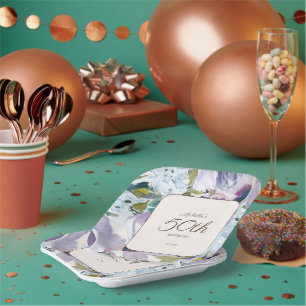 Lilac Dusty Blue Watercolor Floral 50. Geburtstag Pappteller