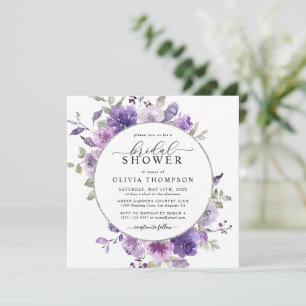 Lilac DustyPurple Floral Silver Foil Brautparty Einladung