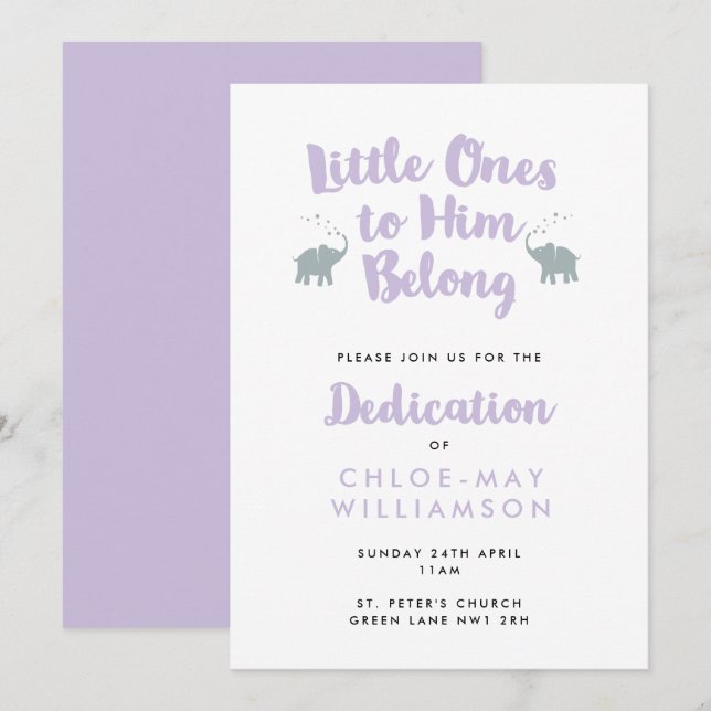 Lilac Elephants Christlich Dedication Einladung (Vorne/Hinten)