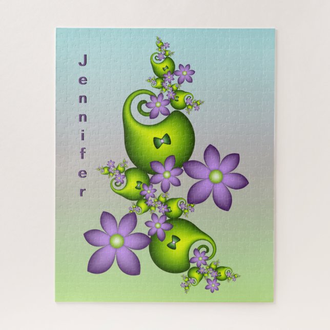 Lilac Fantasy Blume Grüne Formen Fraktal Name Puzzle (Vertikal)