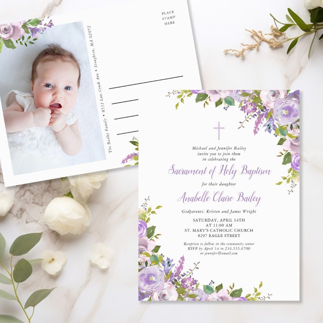 Lilac Floral Baby Girl Taufe Einladung Postkarte (Von Creator hochgeladen)