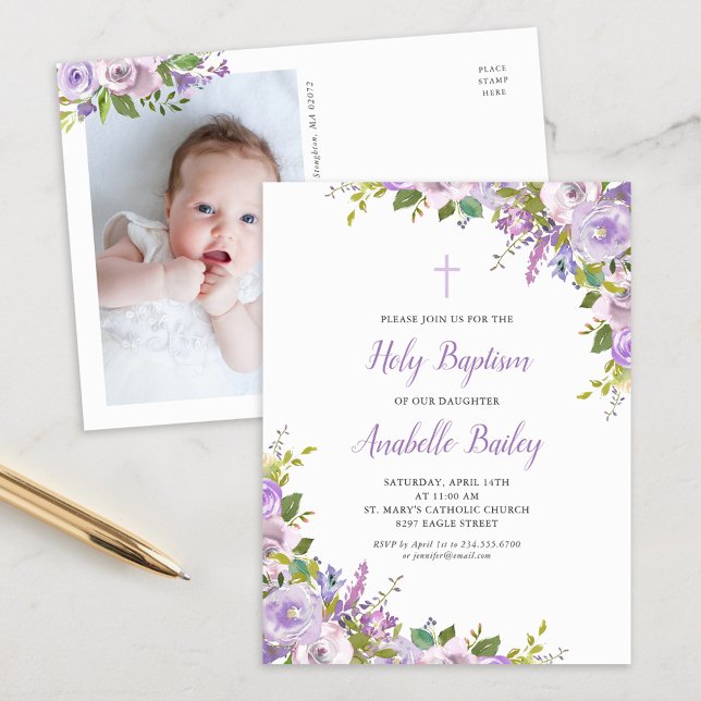 Lilac Floral Baby Girl Taufe Einladung Postkarte (Von Creator hochgeladen)