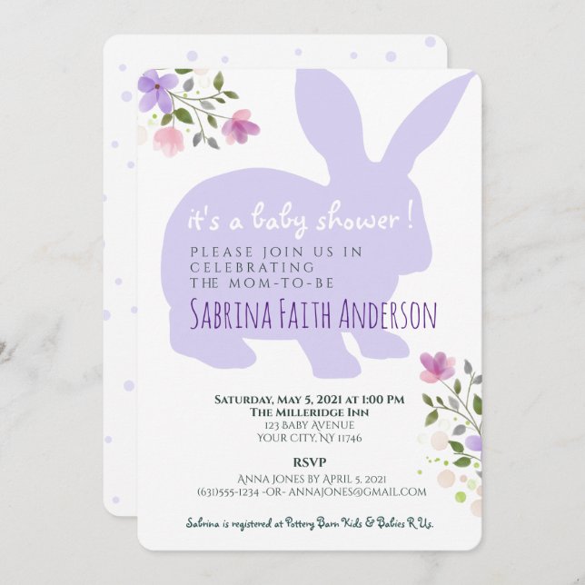 Lilac Floral Bunny Baby Dusche Einladung (Vorne/Hinten)