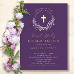 Lilac Floral Girls Einladung zur Kommune Foil<br><div class="desc">Schöne Einladungen mit einem Lavendel-Kranz und Goldfolie-Kreuz-Set auf einem lila Hintergrund. Dreh unsere Einladung,  um einen koordinierenden Rücken für eine besondere Touch zu sehen.</div>