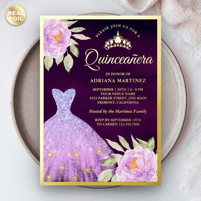Lilac Floral Gown Lila Quinceanera Gold Folieneinladung (Von Creator hochgeladen)
