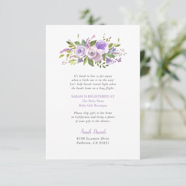 Lilac Floral Long Distance Baby Shooting Card (Stehend Vorderseite)
